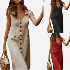 Women Midi Dress with Pocket Boho Cotton +polyester  Summer Dress Ladies V Neck