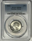 1934 MEDIUM MOTTO WASHINGTON QUARTER PCGS MS 66
