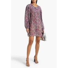 ISABEL MARANT Orion Floral Silk Mini Dress Womens US 6 Pink Black Long Sleeve