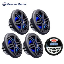 4X 6.5" 150 Watt Marine LED Speakers in Black W/Marine Radio Bluetooth Receiver