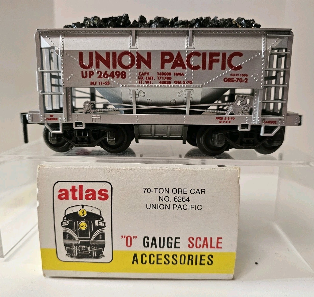 Vtg Atlas 6264 O Gauge 70 Ton Ore car with Custom Coal Load, Union Pacific 26498