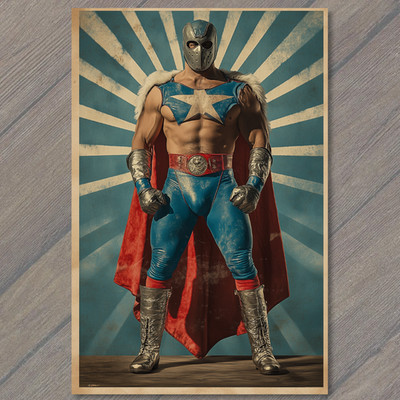 STICKER Masked Muscle Superhero Blue Star Armor Red Cape Retro Comic Power