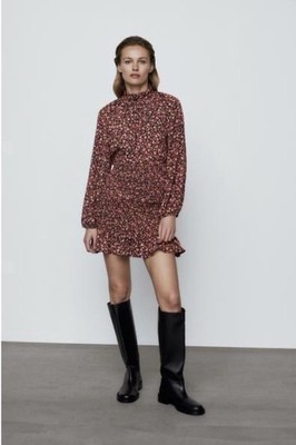 Zara Multicolor Floral Chiffon Mini Dress High Neck Balloon Sleeve Elastic Deta 