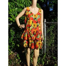 Vtg 90s Tiered Ruffle Floral Cotton Dress Med Cottagecore Tropical Grunge Midi