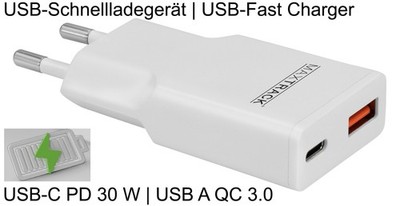 USB Slim Schnellladegerät 30W Quick Charge mit USB-C & USB-A Ausgang PD GaN QC