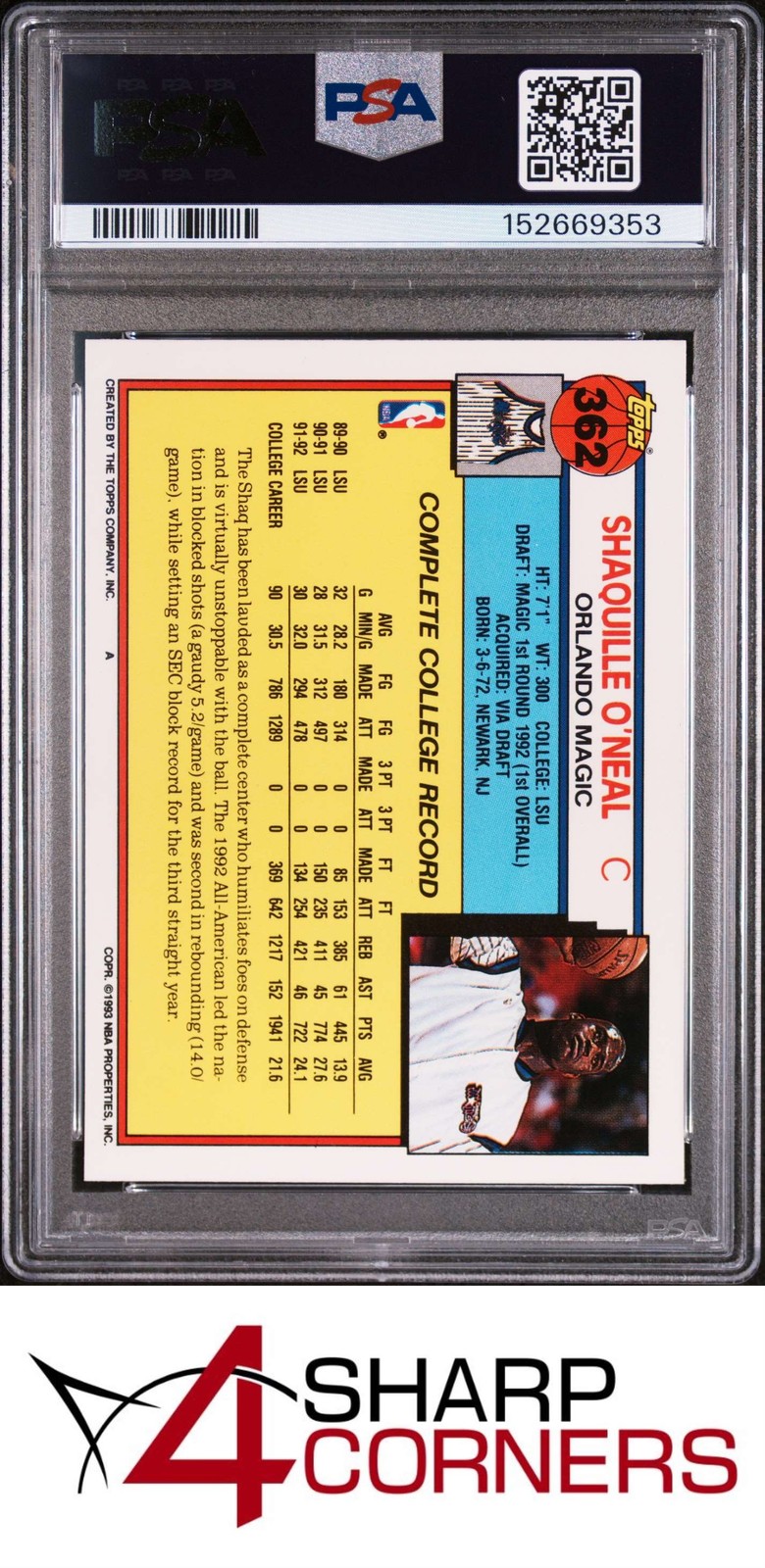 1992 TOPPS #362 SHAQUILLE O'NEAL RC MAGIC HOF PSA 10 view 2