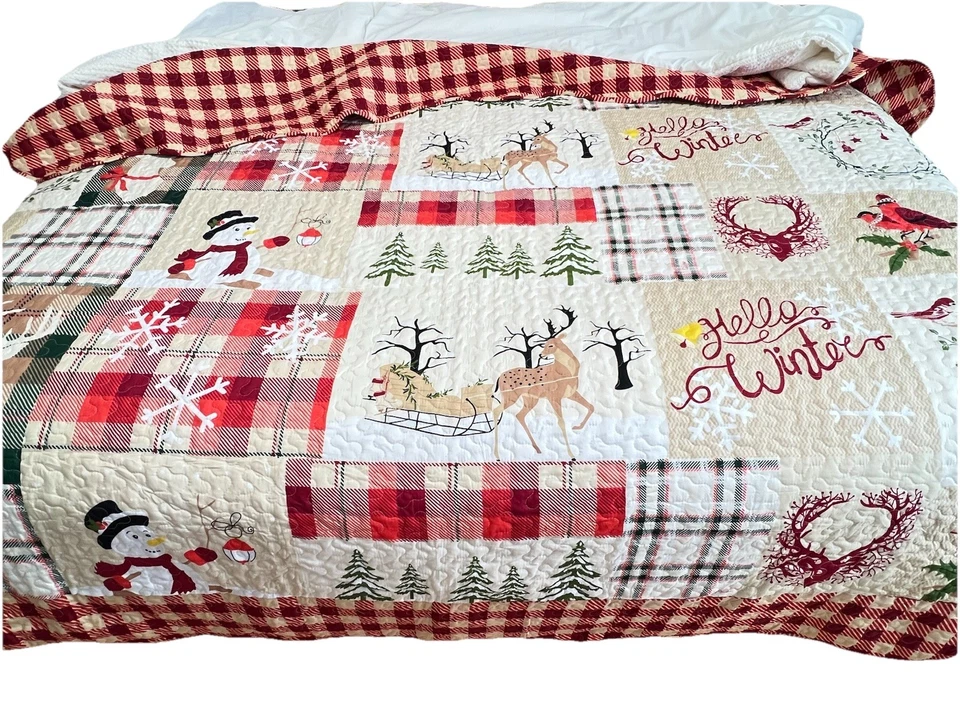 MarCielo Luxury Christmas Queen Patchwork Quilt Pillow Shams 3 piece Set Plaid - Image 3 of 4