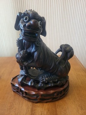 Vintage Hand Carved Rosewood Foo Dog Sculpture with Glass Eyes & Pup 10 Inches