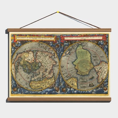 Antique 1593 Iconic Twin Polar Hemisphere World Map; Cotton Canvas Wooden Hanger