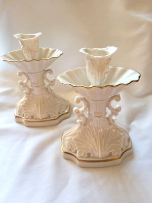 MINT Lenox Aquarius Dolphin Candlesticks Pair Ivory Gold Sticker Flawless