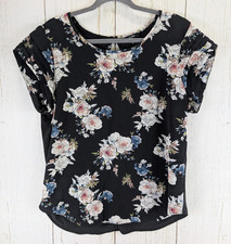 AUW Size Large Womens Multicolor Floral Print Short Sleeve Top