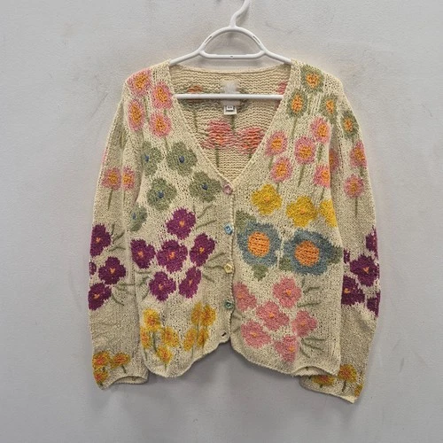 Amano Vintage Floral Hand Knit Wool Chunky V Neck Cardigan Sweater Size S / M