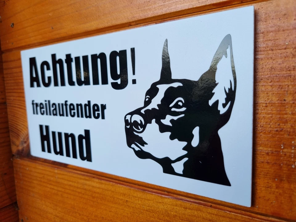 Achtung freilaufender Hund Schild Schilder PVC Hartschaum Hof Weiss Bewachung - Bild 2 von 4