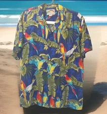 Paradise Found Hawaiian Shirt Large Parrothead Tropical Blue Button Parrots Vtg