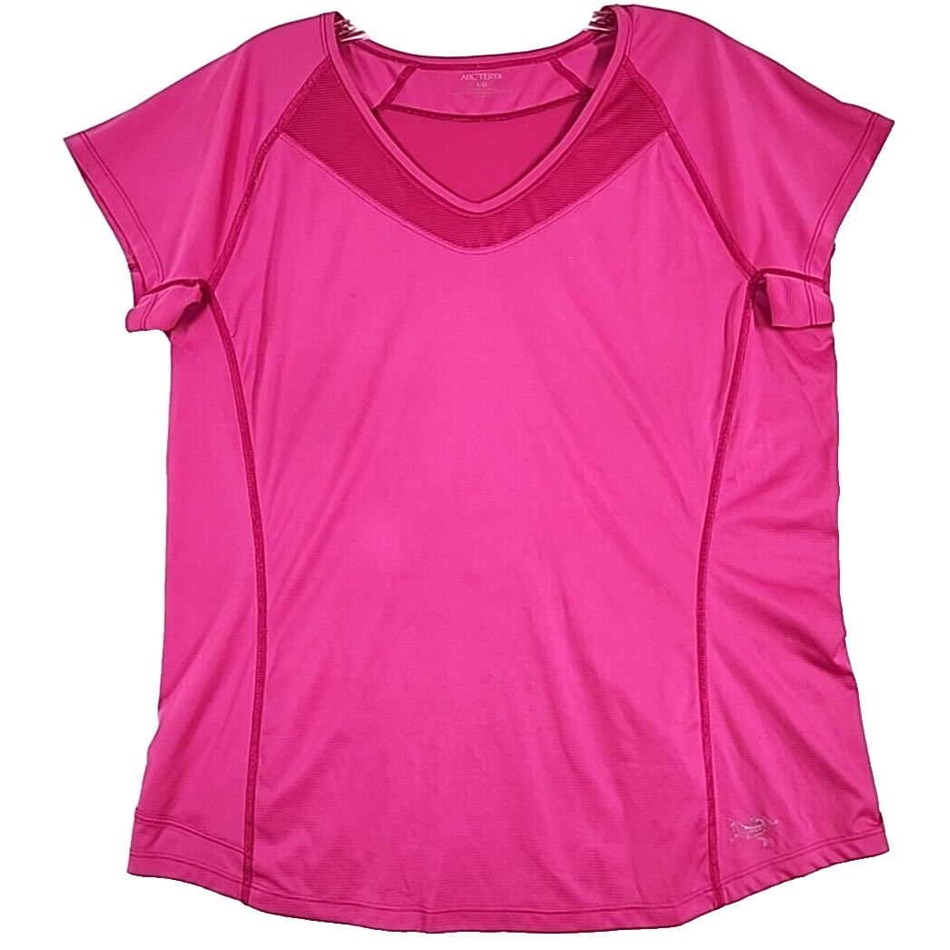 ARC'TERYX Arc’teryx T Shirt Scollo V Donna Grande Rosa Performance Manica Corta Zip Tasca