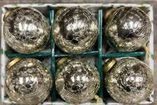Gold Crackle Kugel Style Heavyweight Glass Christmas Ornaments Set 6