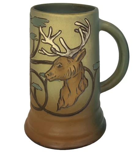 WELLER POTTERY DICKENSWARE SGRAFFITO STAG/ELK HANDLED MUG WITH TREES