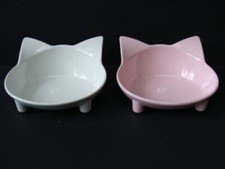 New Set of 2 Cat Food Bowls Dishes Food Water Melamine Pink White Ears Non-Slip