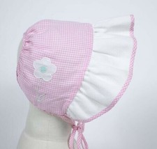 VINTAGE INFANT BONNET HAT PINK WHITE GINGHAM FLOWER OPEN BACK BABY DOLL REBORN