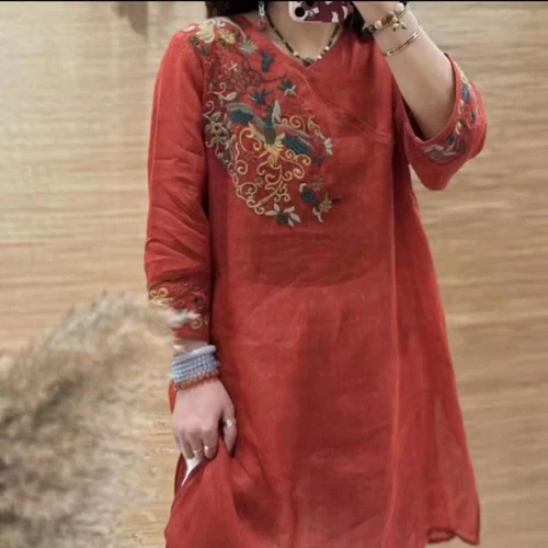 Retro Women Ethnic Embroidered Dress V Neck Chinese Floral Midi Tops Shirt Dress - Picture 12 of 22