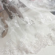 Floral Lace Fabric Scalloped Edge Tulle Corded Embroidery Lace Tulle