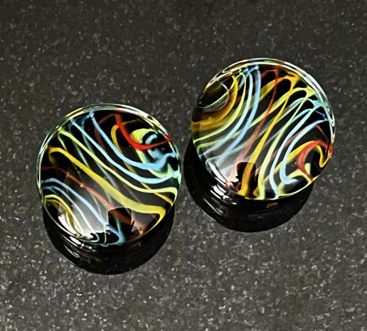 PAIR Neon Rainbow Swirls Design Pyrex Glass Plugs Gauges Body