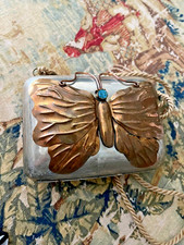 Estate Antique Silver/brass/copper Turquoise Butterfly Purse Bag Velvet Lined