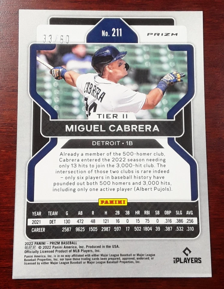 2022 Panini Prizm Baseball Tier II Blue Wave Prizm Miguel Cabrera #211 Card /60 - Image 2 of 2