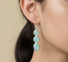 Aqua Chalcedony 925 Sterling Silver Earrings, Minimalist Gemstone Jewelry
