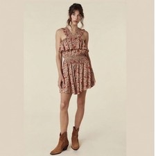 Spell Lady Untamed Frill Floral Mini Dress Small Boho Smocked Tea Leaf