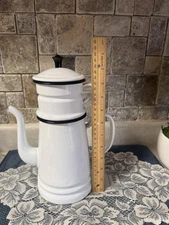 Enamelware Coffee Pot Drip Filter Biggin White Black Rim Farmhouse5-Piece