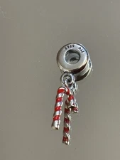 Vintage Pandora 925 ALE Sterling  silver red enamel candy cane dangle charm. 