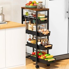 Black 5Tier Slim Storage Cart PullOut Basket Rolling Wooden Top Wheel