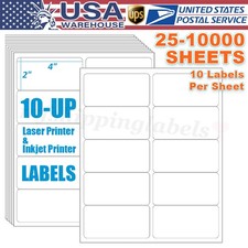 Shipping Labels 2"x4" 10-Up Adhesive Mailing Stickers for Laser Inkjet Printer