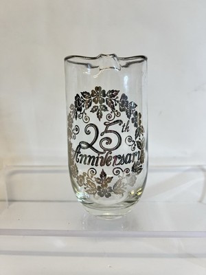 Vintage 25th Anniversary Glass Pitcher Silver Floral Wedding Anniversary Carafe