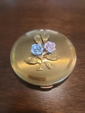 VINTAGE DORSET GOLD ROUND COMPACT WITH RAISED PINK AND BLUE ROSE 1950'S
