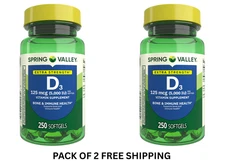 2 Pack Spring Valley Vitamin D3 Softgels, 125 mcg per Softgel, 5,000 IU, 250 Ct