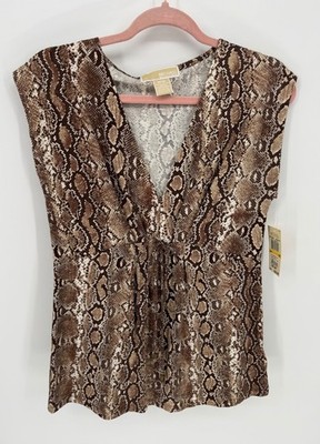 Michael Kors Womens Python Print Sleeveless V-Neck Top M Chocolate Brown