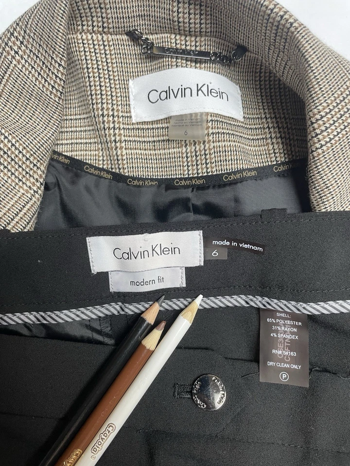 Nuevo Traje Pantalón Calvin Klein Talla 6 Conjunto de Dos Piezas Ajuste Moderno Pata de Gallo Cuadros Foto 2 de 4
