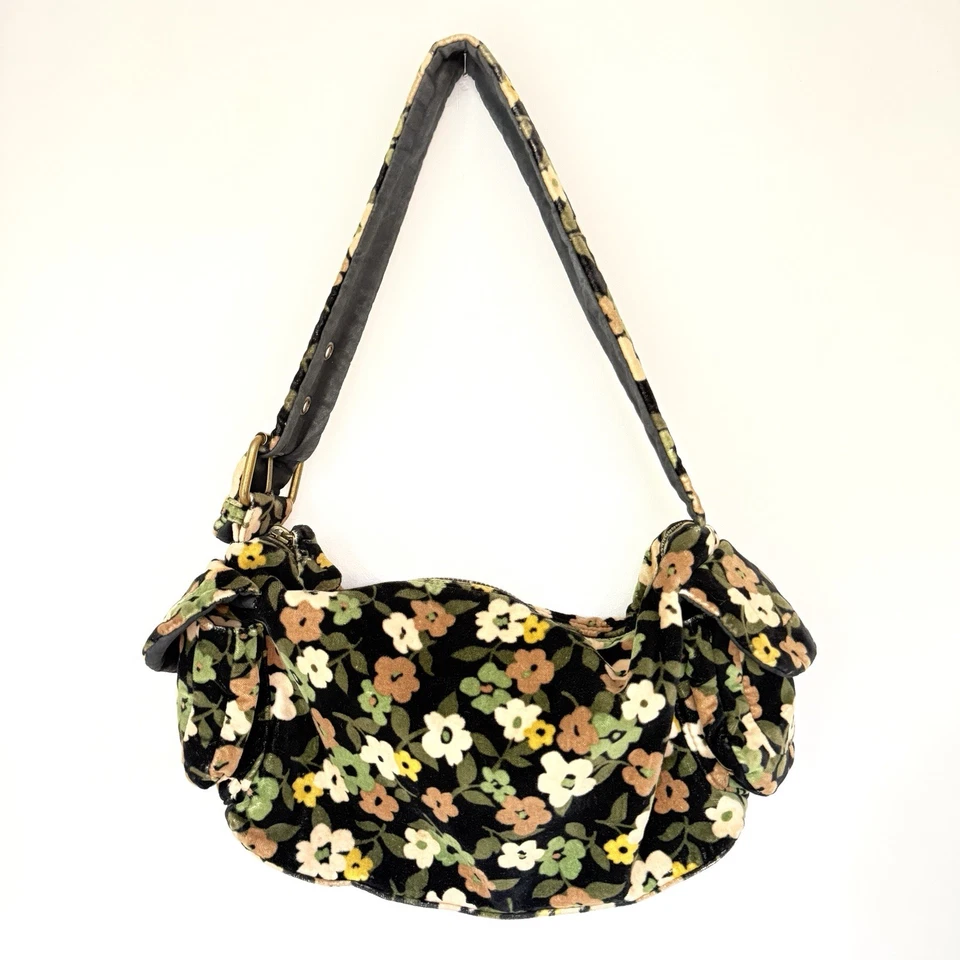 Vintage GAP Hobo Purse Velvet Cargo Shoulder Small Bag Black Green Floral Y2K - Image 2 of 4
