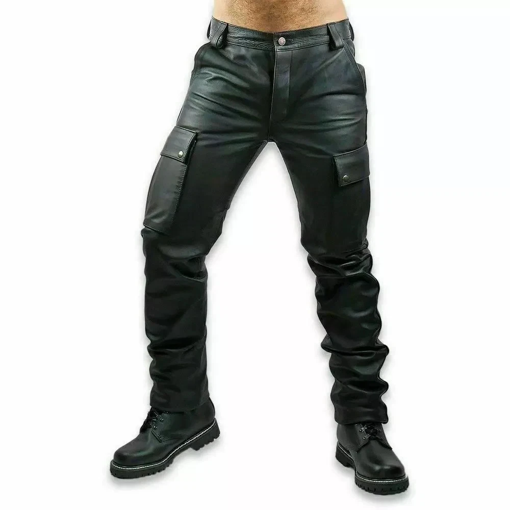 Men's Black LeatherCargo Pant 100% Pure Sheepskin Causal Moto Biker Slim FitPant