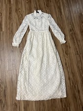 Vintage Handmade Lace Wedding Dress Womens Medium Long Sleeve Maxi Gown 70s Brid