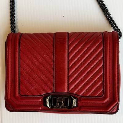Rebecca Minkoff Chevron Quilted LOVE Crossbody Leather Red Small Shoulder Bag