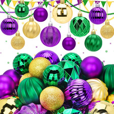 64 Pcs Mardi Gras Tree Ornaments Decorations, Purple, Green, and Gold Shatterpro