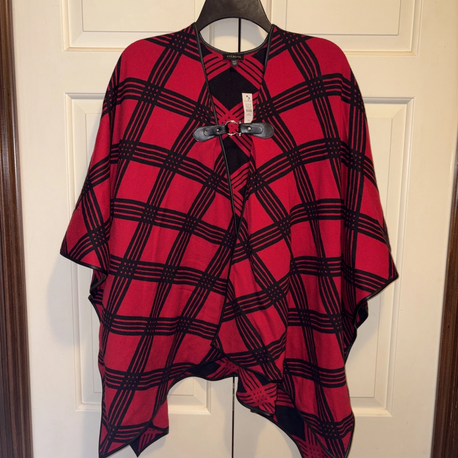 NWT Talbots Country Plaid Ruana Wrap Faux Leather Trim & Tab M/L Red Black