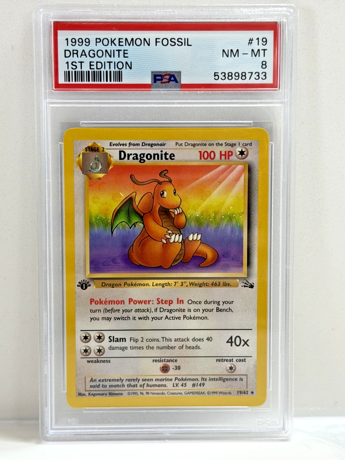 1999 Pokémon Fossil 1st Edition Dragonite #19 – PSA 8 NM-MT – Vintage WotC