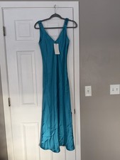 Zara Teal Acqua Blue Sleeveless Satin Maxi Gown Dress NWT