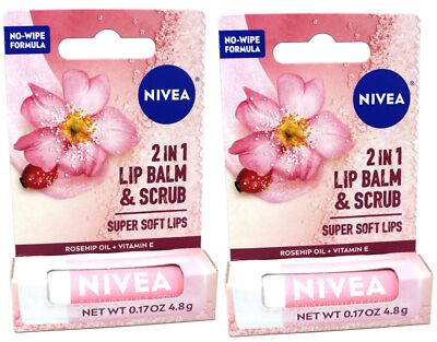 2 Pack Nivea 2in1 Lip Balm & Scrub Soft Lips, Rosehip Oil + Vitamin E, 0.17 oz