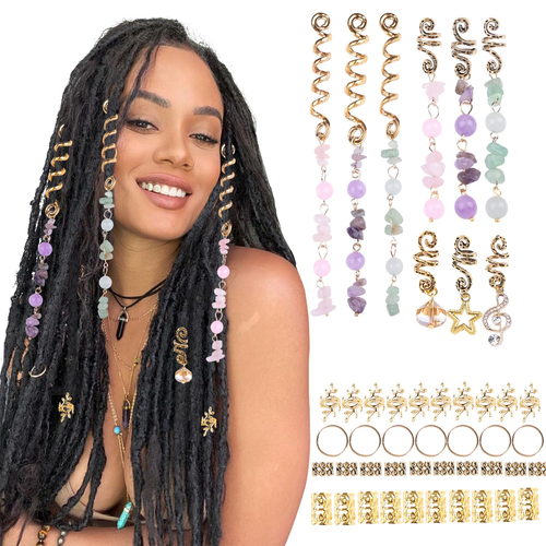 50 PCS Colored Natural Stone Pendant Hair Jewelry for Braids Gold Hair Beads Cry