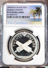 1985 B V ISLANDS SILVER 20 DOLLARS CROSSED CANNONS NGC PF 69 ULTRA CAMEO SCARCE